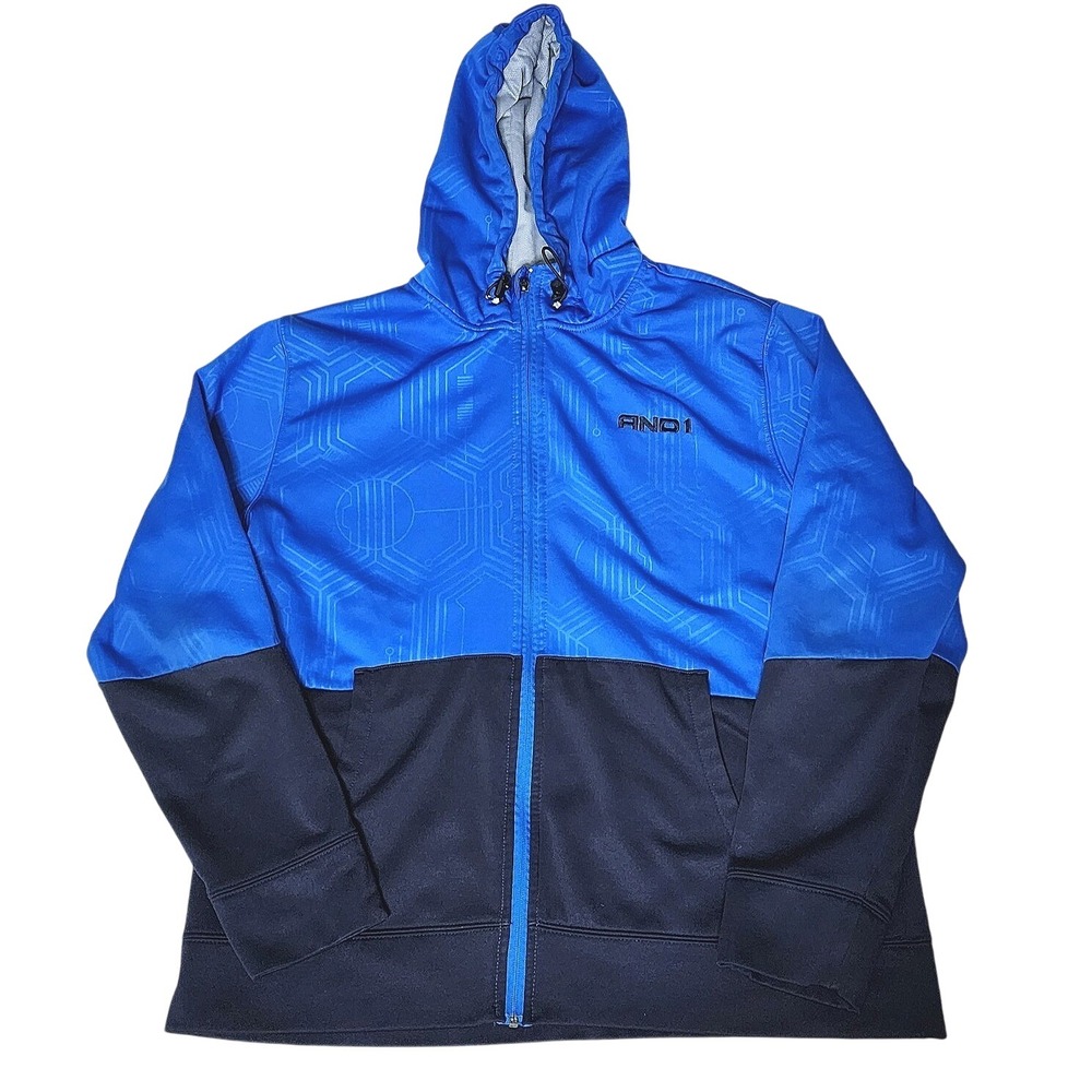 AND1 Full Zip Hood Jacket Sweatshirt XL Blue Graffiti Jumpshot Basketball Active